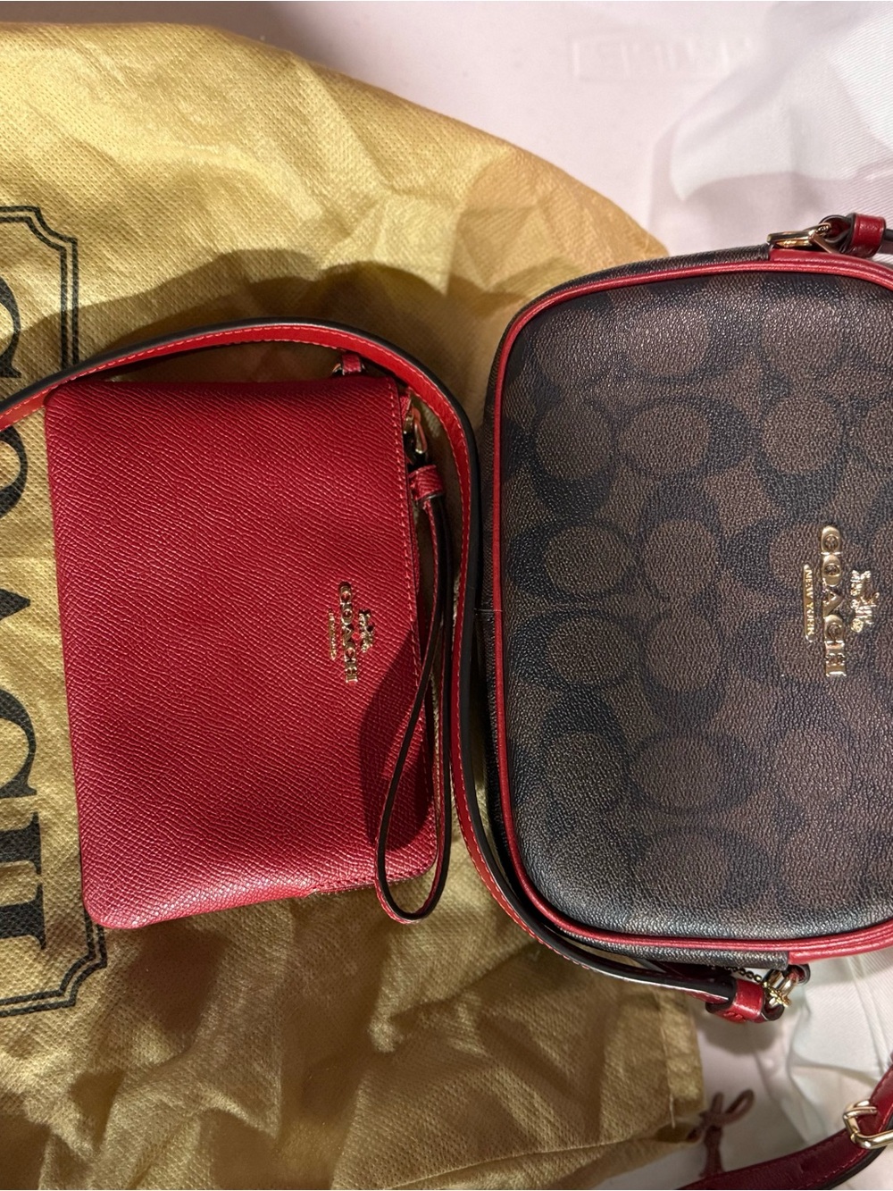 Coach Brown Signature Crossbody with Red Trim and Red Wristlet